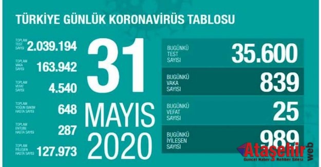 31 Mayıs 2020 Koronavirüs tablosu