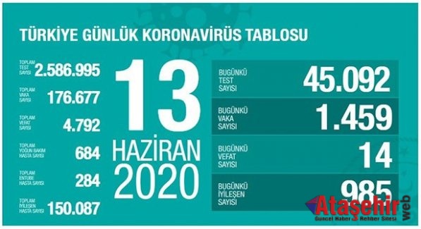13 Haziran Türkiye'de corona virüsü son durum