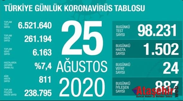 25 Ağustos Koronavirüs Türkiye tablosu