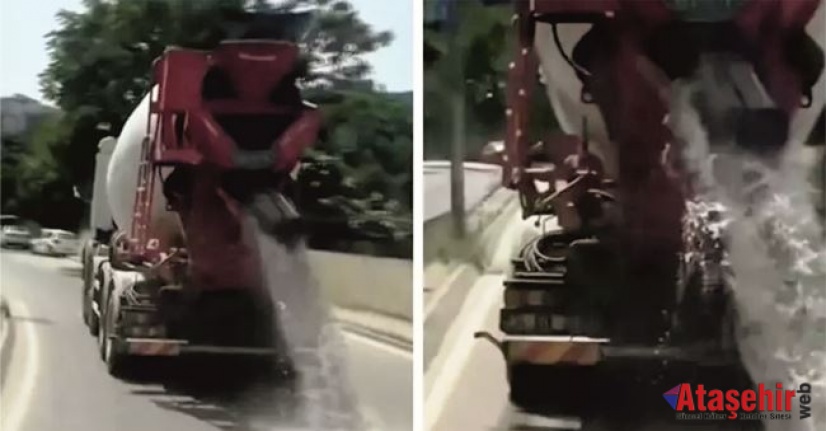 Ataşehir'de hafriyat kamyonu betonlu suyu yola döktü
